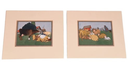 2 German Peasant Watercolor Signed Paintings Farm