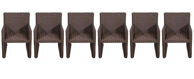 6 Brown Jordan Outdoor All Weather Wicker Chairs: 6 Brown Jordan Outdoor All Weather Wicker ChairsMeasures 33 inches x 24 inches x 22 inches seat height 17 inches.