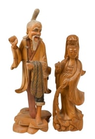 2 Vintage Chinese Hand Carved Statues