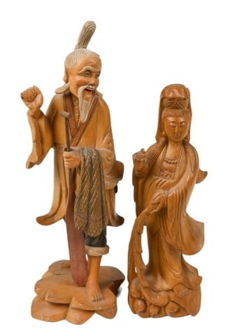 2 Vintage Chinese Hand Carved Statues