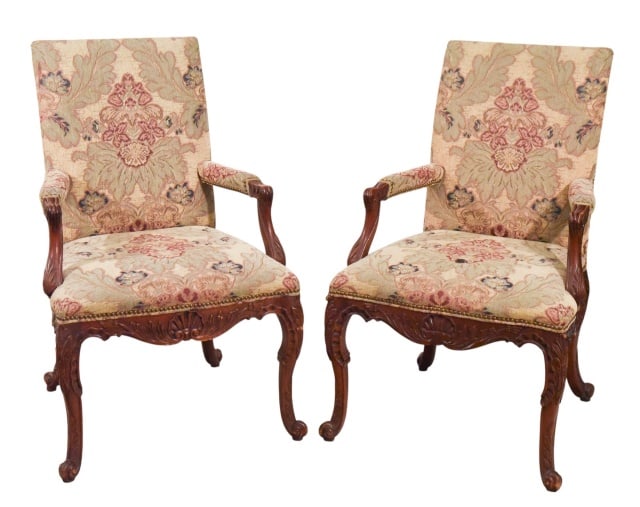 Pair Hickory Carved Upholstered Armchairs: Pair Hickory Hand Carved Custom Upholstered Armchairs.Measures 42 inches x 25 inches x 25 inches, seat height 21 inches.