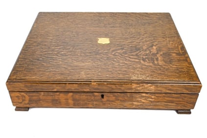 Antique Oak Silver Chest w Inlaid Brass Crest