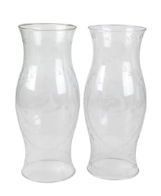 Pair Bohemian Etched Glass Hurricanes Stag Motif