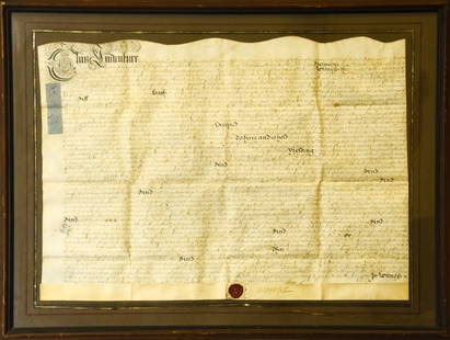 Antique Hand Written Indenture with Wax Seal: Antique Hand Written Indenture with Wax Seal, Framed. Framed measures 23 inches x 30.5 inches. There is evidence of water damage to back of frame. Sold as is.