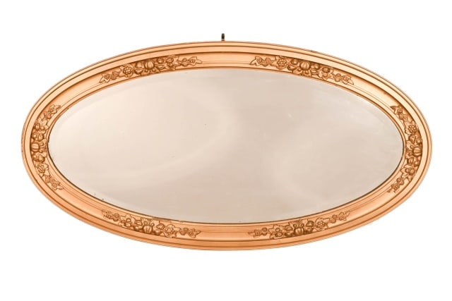 Vintage Gilt Oval Gesso Beveled Mirror: Vintage Gilt Oval Gesso Beveled Mirror. Damage to the frame.Measures 24 inches x 45 inches x 1 inch.