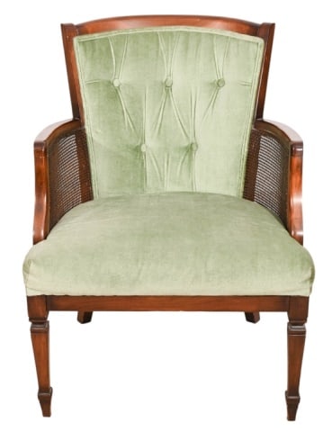 Mid Century Retro Green Tufted Cane Armchair: Mid Century Custom Upholstered Retro Green Tufted Cane Side Armchair.Measures 33 inches x 25 inches x 22 inches, seat height 17 inches.