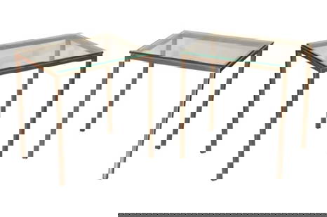 Pair Modern Steel Base Glass Top Side Tables: Pair Modern Steel Base Glass Top Side Tables.Measures 20 inches x 18 inches x 14 inches