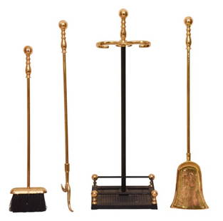Cast Iron Base & Brass Fireplace Tool Set: Cast Iron Base & Brass Fireplace Tool Set. This set is heavy. Measures 30 inches x 10 inches x 8 inches.
