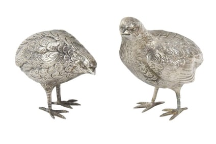 Pair Silver Plate Pheasant Chicks Table Statues
