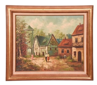 D. Balmain Signed Oil Painting Village Scene
