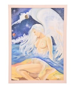Signed Fantasy Oil Painting of Nude w Angel Wings
