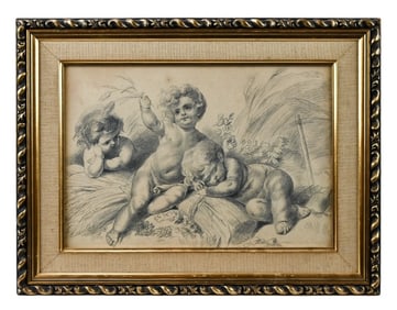 Antique After Boucher Pencil Drawing of 3 Cherubs