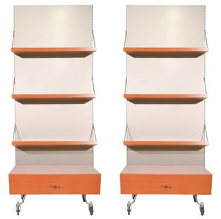Pair MC Ligne Roset Pear Wood Shelving Units: Mid Century Ligne Roset Pear Wood Shelving Units with Glass and Aluminum Back.Needs to be mounted on wall.Measures 88 inches x 36 inches x 24 inches.