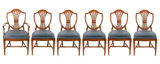 Hepplewhite Style Carved Shield Back Dining Chairs: 6Hepplewhite Style Hand Carved Custom Upholstered Shield Back Dining Chairs. Only one armchair.Measures 38 inches x 21inches x 20 inches, seat height 19 inches.