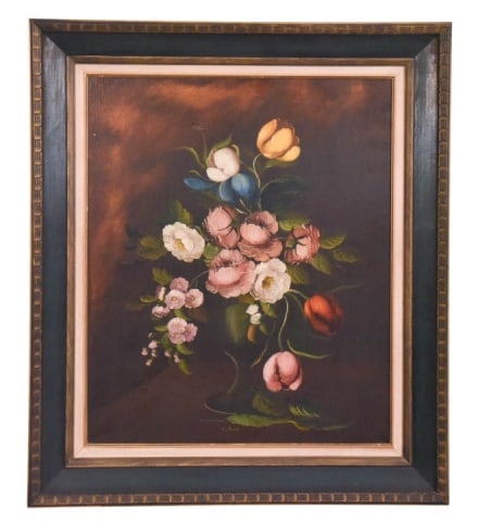 Paoli Signed Mid Century Oil Painting Still Life: Paoli Signed Mid Century Oil Painting Still Life in Carved Period Frame. Framed measures 31 inches x 26 inches.