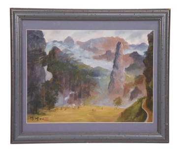 Xu Beihong Oil Painting of Chinese Landscape: Xu Beihong, Chinese 1895-1953, Oil Painting Chinese Landscape. Framed measures 22 inches x 26 inches, art measures 15 inches x 21 inches.
