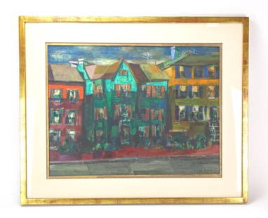 Ralph Taylor Signed Gouache Painting City Street: Ralph Taylor. Russian American 1897-1978, Signed Gouache on Paper Painting of City Street. Framed measures 27 inches x 34 inches, art measures 18 inches x 25 inches. Frame shows chips and scratches.