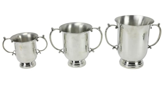 3 Footed Loving Cup Style Polished Pewter Vessels