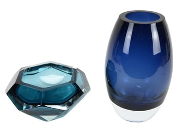 2 Blue Crystal Art Glass Tabletop Vessels Badash