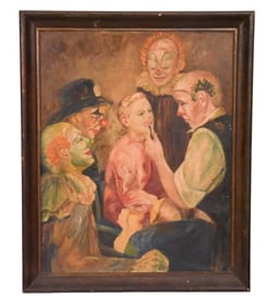 J Bonello Signed Oil Painting Clown Group Portrait