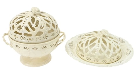 2 Antique Leedsware Creamware Tureen & Cheese Dish