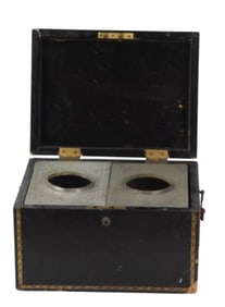 Antique English Black Lacquer Tea Caddy & Canister