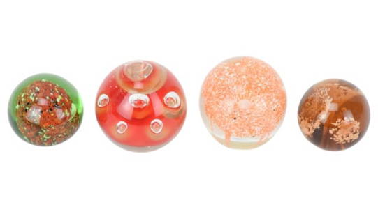 4 Art Glass Orange & Red Paperweights: 4 Art Glass Orange & Red Paperweights. Larger measures 3 inches x 3 inches