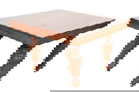 Antique Carved Jacobean Expanding Oak Dining Table: Antique Hand Carved Jacobean Oak Dining Table on Casters with 5 Leaves and 5 Legs. Table measures 30 inches x 47 inches x 47 inches. Each Leaf adds 12 inches in width.