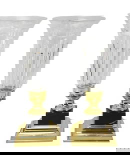 Pair Waterford Brass, Marble & Crystal Hurricanes: Pair Waterford Signed Brass, Marble & Crystal Electric Hurricane Table Lamps. Each measures 16 inches x 7 inches.