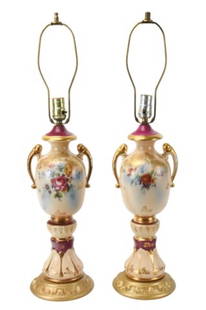 Pair Antique Porcelain Urn Form Table Lamps: Pair Antique Porcelain Urn Form Table Lamps. Some gilt paint wear. Each measures 28 inches x 8 inches.