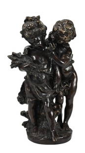 Auguste Moreau Signed Bronze Statue Girl & Cupid: Auguste Moreau Signed Bronze Statue Girl with Cupid Whispering in Her Ear. Measures 16 inches x 9 inches in diameter.