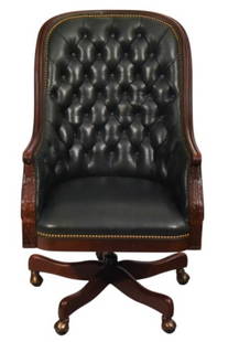 Hancock & Moore Leather Tufted Executive Chair: Hancock & Moore Leather Tufted with Nail Head Trim Executive Office Chair. Measures 44 inches x 26 inches x 22 inches x 20 inches