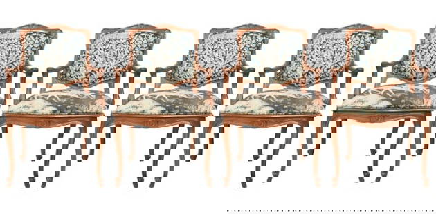 4 French Upholstered Carved Fauteuil Dining Chairs: 4 French Upholstered Carved Fauteuil Style Dining Arm Chairs. Measures 36 inches x 22 inches x 20 inches x 21 inches