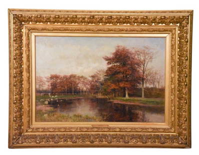Robert Van Boskerck Signed Oil Painting Cattle: Robert Van Boskerck, American 1855-1932, Signed Oil Painting on Canvas Featuring Pastoral Scene w Cattle Grazing in Carved Frame. Measures 32 inches x 41 inches, art measures 20 inches x 29 inches.