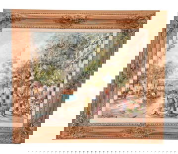 Signed Mid C Oil Painting of Paris Streets: Signed Mid Century Oil Painting of Paris Streets in Period Carved Frame. Framed measures 29 inches x 33 inches, art measures 19 inches x 23 inches.