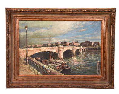 T. Anderson Signed Mid C Oil Painting Ayr Bridge: T. Anderson Signed Mid C Oil Painting of Old Ayr Bridge in Carved Frame. Framed measures 46 inches x 34 inches, art measures 24 inches x 35 inches.