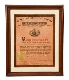 Building Defense Corps Air Warden Service 1943: Building Defense Corps Air Warden Service 1943 Ceritificate, Framed. Measures 15 inches x 13 inches.