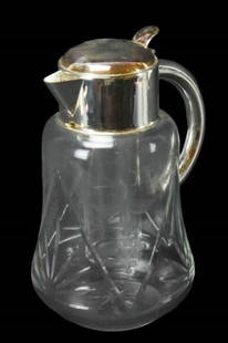 Vintage Etched Glass & Plated Iced Tea Pitcher: Vintage Etched Glass & Silver Plated Iced Tea Pitcher with Attached Ice Holder. Measures 11 inches x 8 inches.