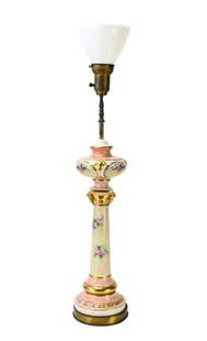 Antique Paris Porcelain Table Lamp w Glass Shade: Antique Paris Porcelain Table Lamp w Glass Shade. Measures 34 inches x 6 inches.