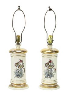Pair Porcelain Floral Transferware Gilt Table Lamp: Pair Porcelain Floral Transferware Gilt Trim Table Lamps. Measures 26.5 inches x 7 inches x 7 inches.