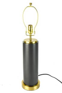 Restoration Hardware Brushed Metal Table Lamp: Restoration Hardware Brushed Metal Modern Table Lamp in Rubbed Brass and Brushed Brass Tones. Lamp measures 26 inches x 6 inches in diameter.
