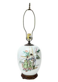 Vintage Chinese Porcelain Ginger Jar Table Lamp: Vintage Chinese Hand Painted Porcelain Ginger Jar Form Table Lamp with Carved Base. Measures 26 inches x 9 inches in diameter.