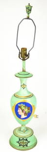 Vintage French Green Opaline Glass Painted Lamp: Vintage French Painted Green Opaline Glass Neo Classical Lamp with Painted Tole Base. Portrait medallion. 33 inches x 8 inches in diameter.