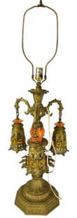 Vintage Bohemian Glass 3 Arm Shade Table Lamp: Bohemian Style Three Arms with Brass Glass Accented Shades Table Lamp. Bohemian style gilt lamp with orange glass accents and three hanging arms. Measures 39 inches x 13 inches.