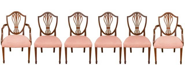 6 Hepplewhite Style Carved Shield Back Chairs: Set of 6 Hepplewhite Style Hand Carved Custom Upholstered Shield Back Dining Chairs.Measures 37 inches x 23 inches x 20 inches,seat height 18 inches.