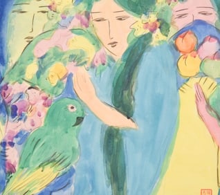 Walasse Ting Water Color Painting Women w Parrot