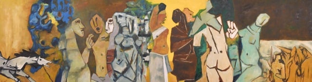Maqbool Fida Husain Oil Painting Triptych w COA