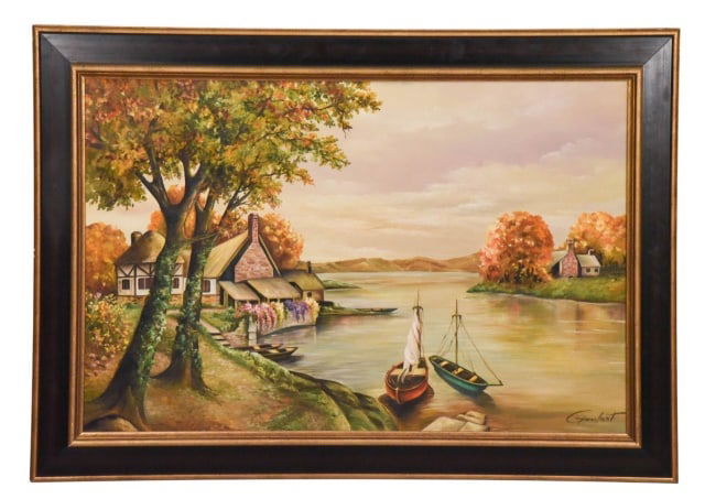 Signed Mid C Oil Painting Cottage & Sail Boats: Signed Mid Century Oil Painting of Cottage & Sail Boats. Framed measures 29 inches x 41 inches, art measures 22 inches x 34 inches.