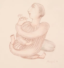 Manjit Bawa Drawing on Paper Man w Flower