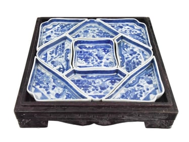 Chinese Canton Porcelain Condiment Set Carved Box